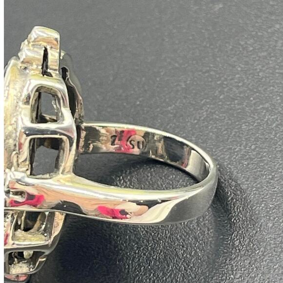 SU Vintage Sterling Silver Black OnyxCameo Ornate Filigree Setting Ring Sz 7.25 - Picture 6 of 8